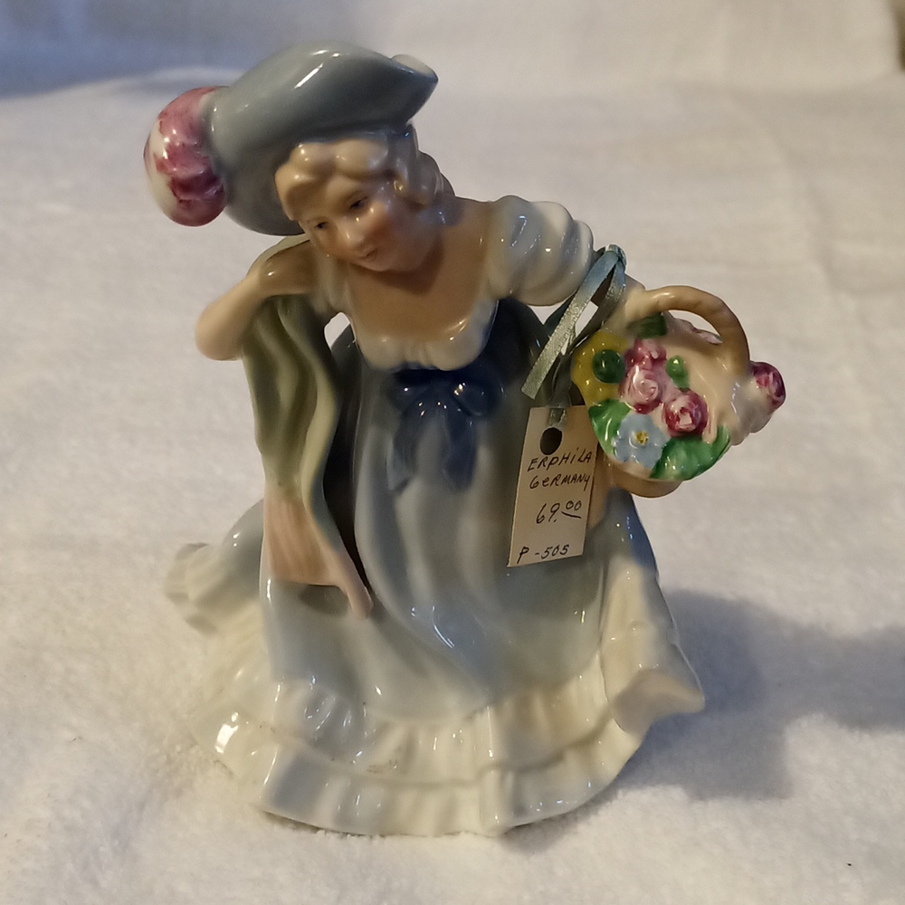 Antique Erphila Porcelain Figurine Lady with Basket Made Germany RARE